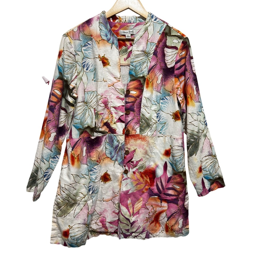 Coldwater Creek Women PL Linen Rayon Floral Button Tunic Jacket Multi Color‎
